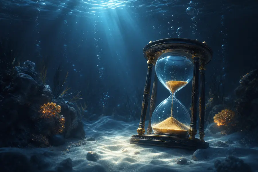 Hourglass resting on calm sand